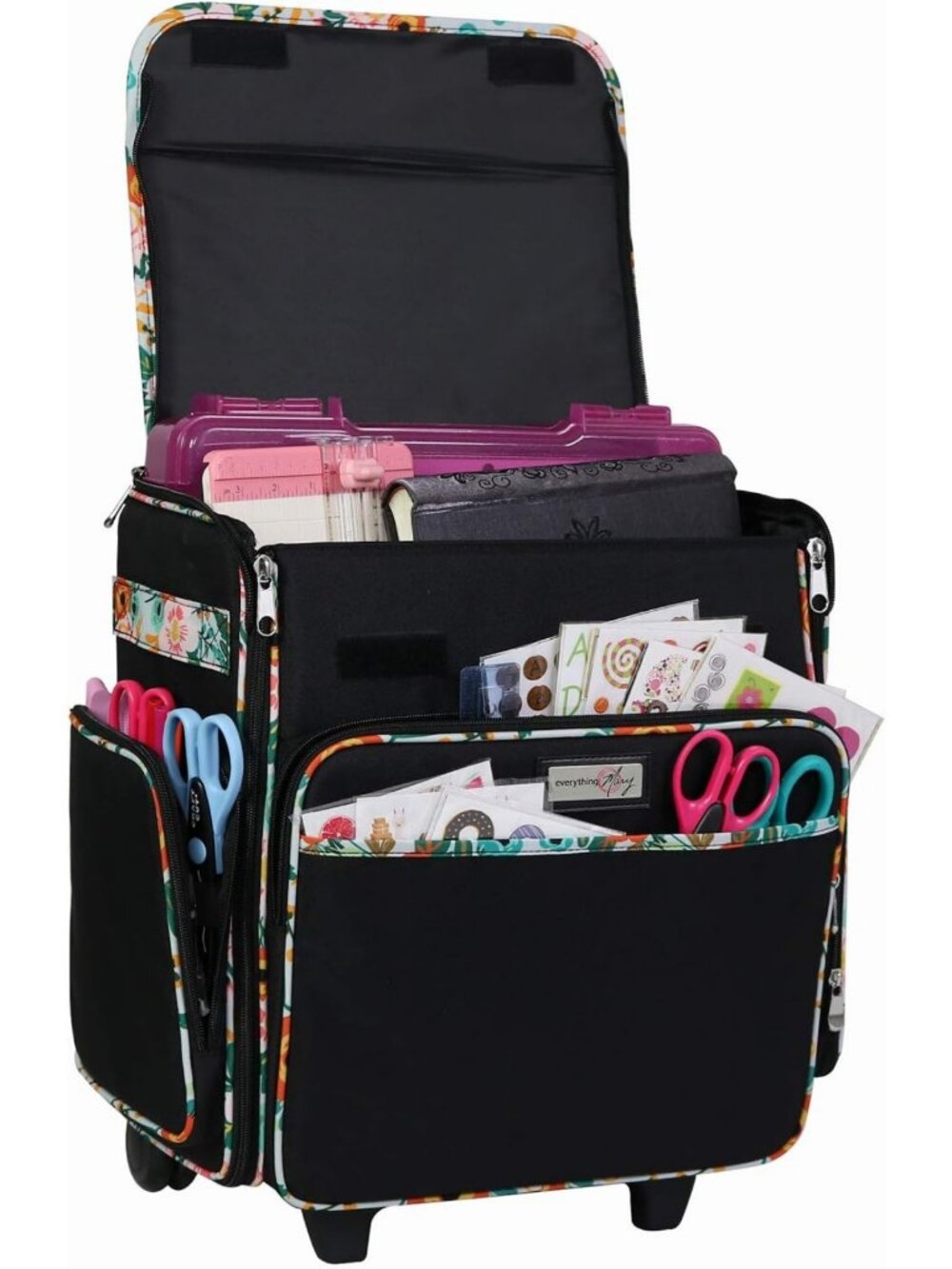 Rolling Craft Tote with Wheels - Black Floral Trim Organizer for Scrapbooking
